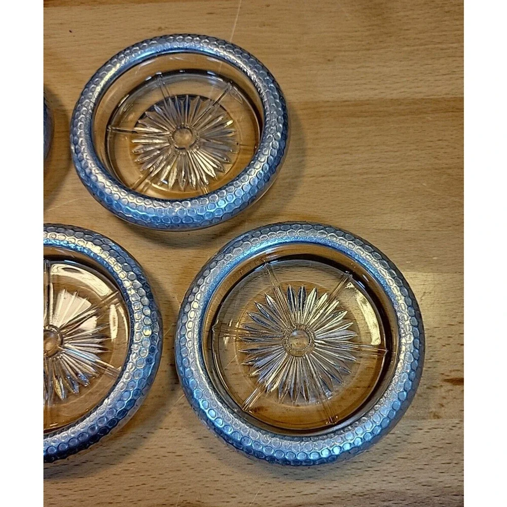 Vintage Coasters Glass Star Starburst Pattern w/ Hammered Aluminum Trim set of 5